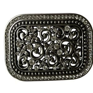 RHINESTONE glitz women’s belt BUCKLE silver floral studded shiny pizzazz EUC Y2K